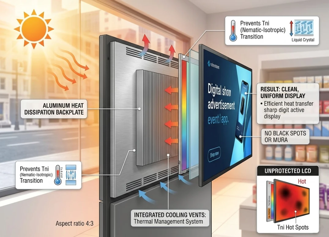 Thermal management and aluminum heat dissipation backplates in commercial LCD displays preventing black spots and Tni transition in hot retail storefronts